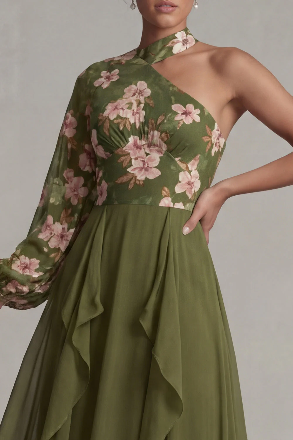 Floral Eucalyptus A Line Ruffled Chiffon Long Mother of the Bride Dress - Image 3