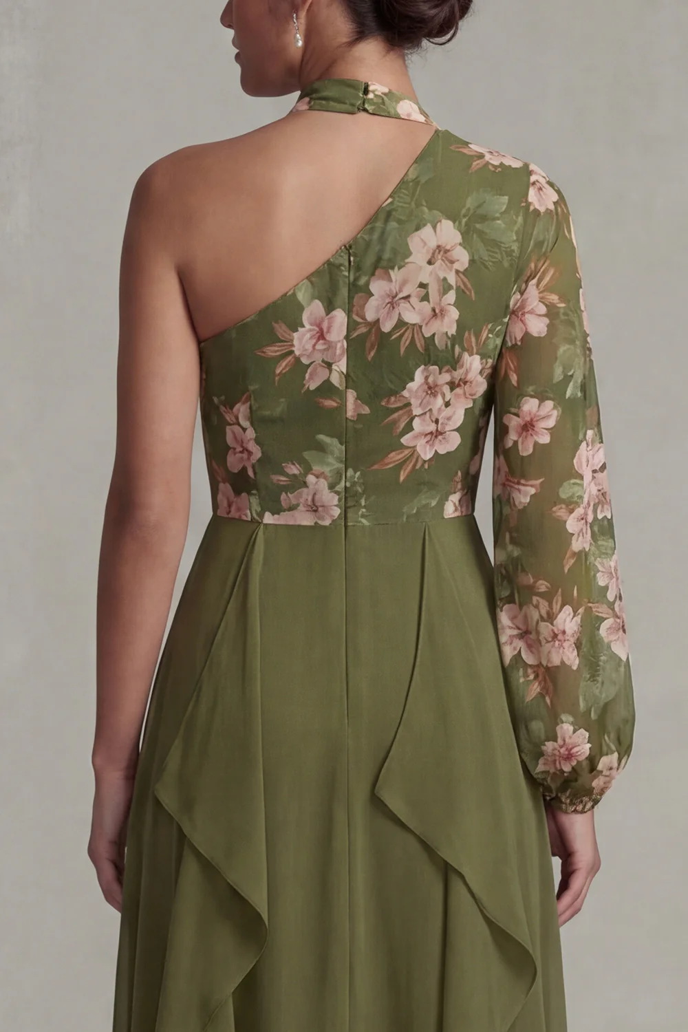 Floral Eucalyptus A Line Ruffled Chiffon Long Mother of the Bride Dress - Image 5