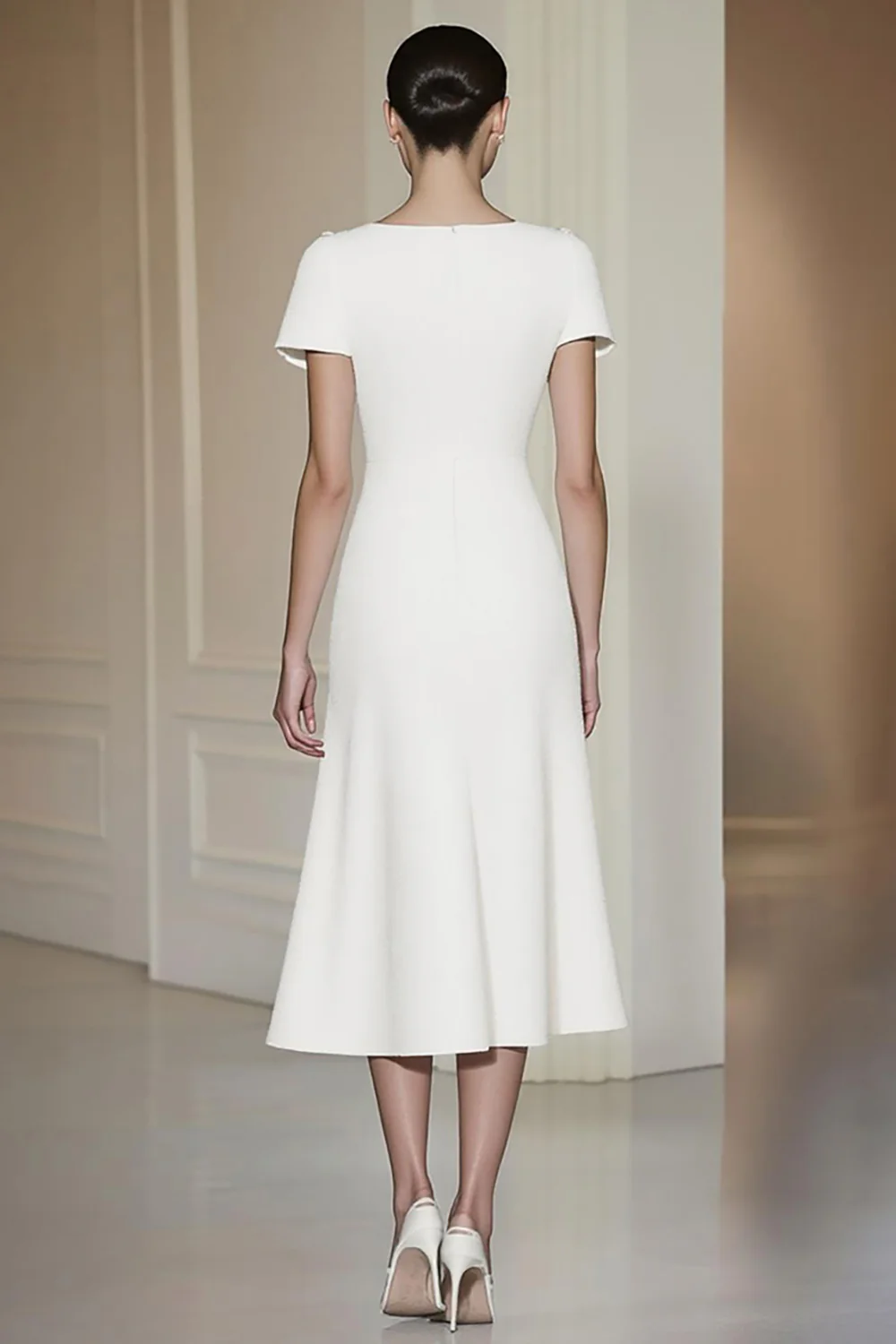 Fitted White Short Sleeves Straight Pencil Midi Formal Dress - Image 2