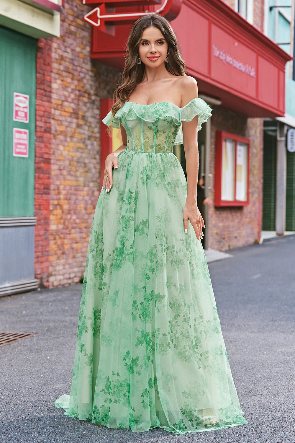 Floral A Line Off The Shoulder Corset Long Green Prom Dress - Image 10