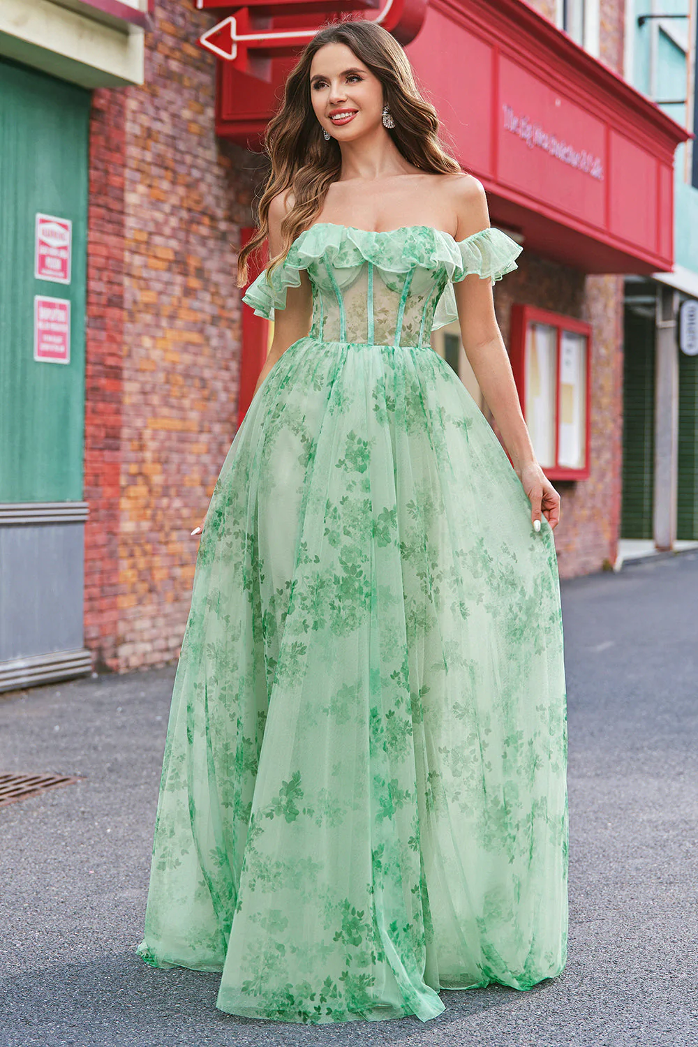 Floral A Line Off The Shoulder Corset Long Green Prom Dress - Image 11