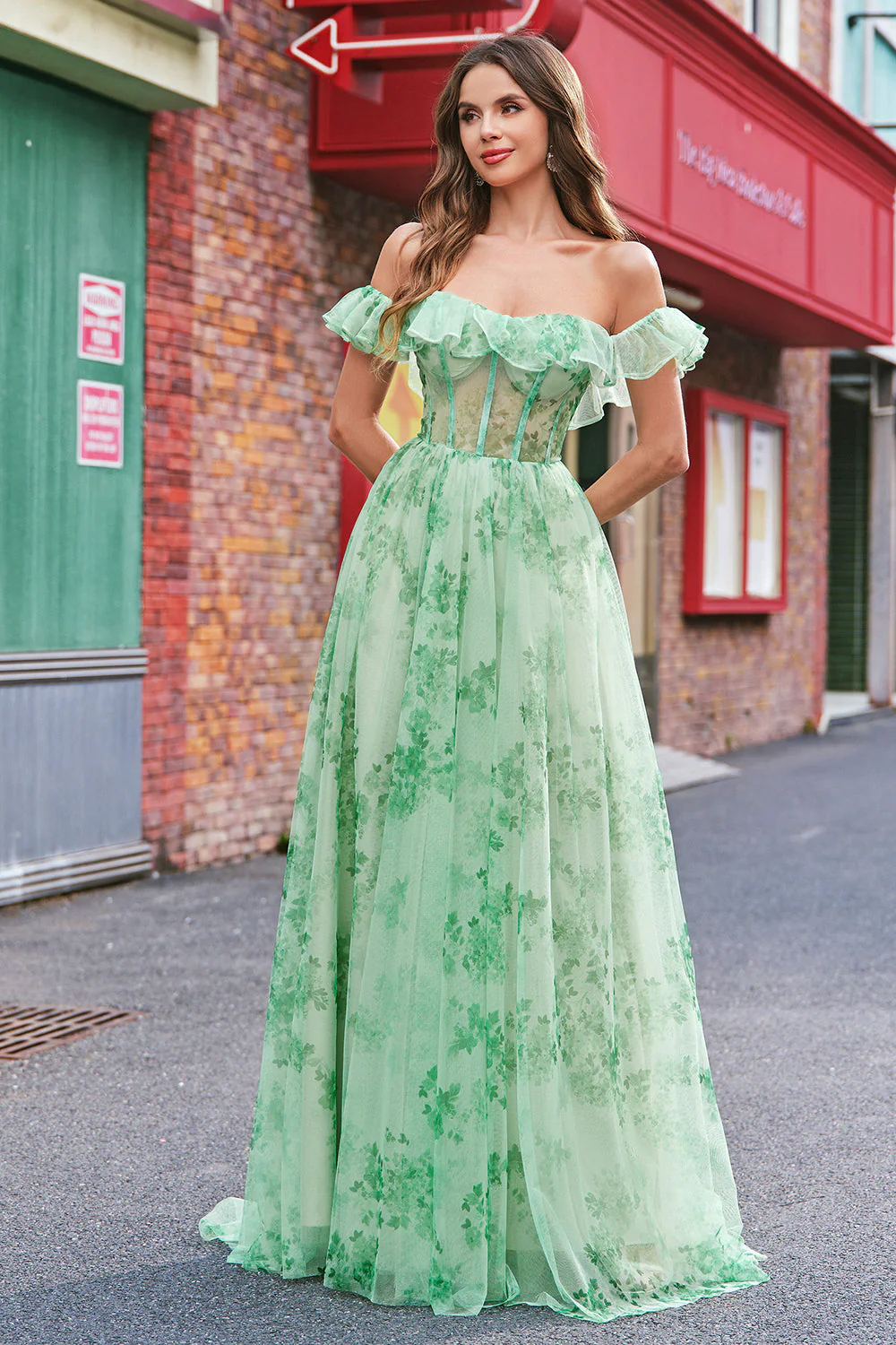 Floral A Line Off The Shoulder Corset Long Green Prom Dress - Image 12