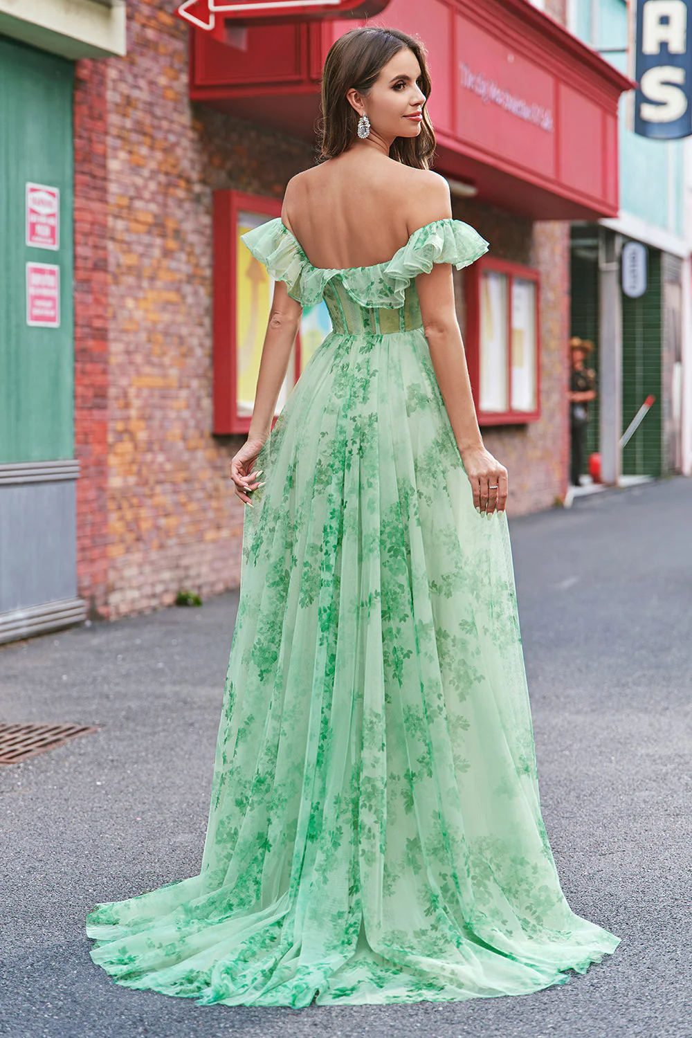Floral A Line Off The Shoulder Corset Long Green Prom Dress - Image 2