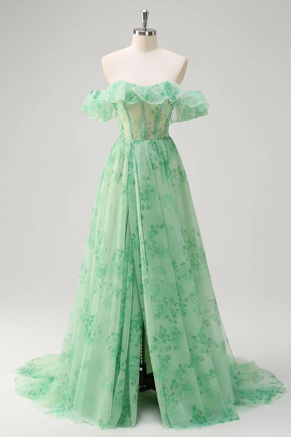 Floral A Line Off The Shoulder Corset Long Green Prom Dress - Image 3