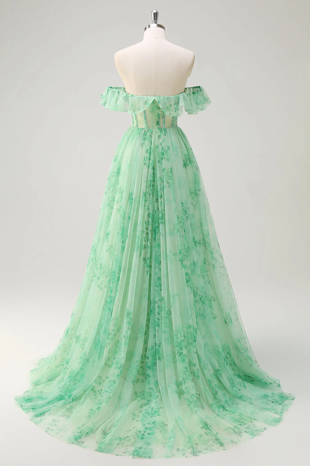 Floral A Line Off The Shoulder Corset Long Green Prom Dress - Image 4