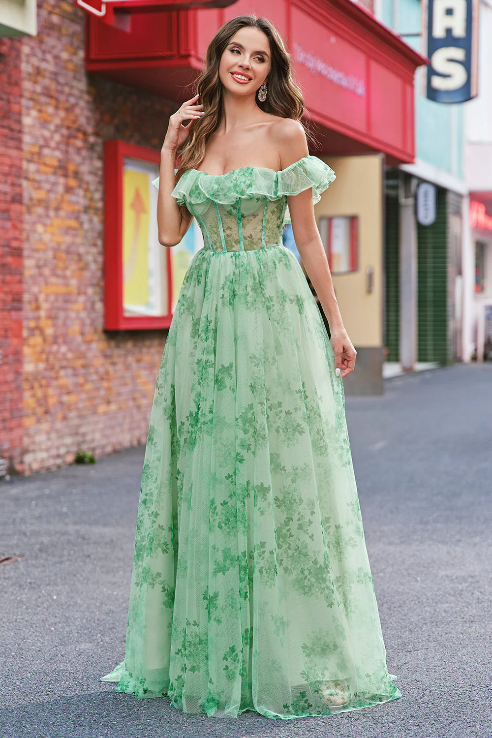Floral A Line Off The Shoulder Corset Long Green Prom Dress - Image 5