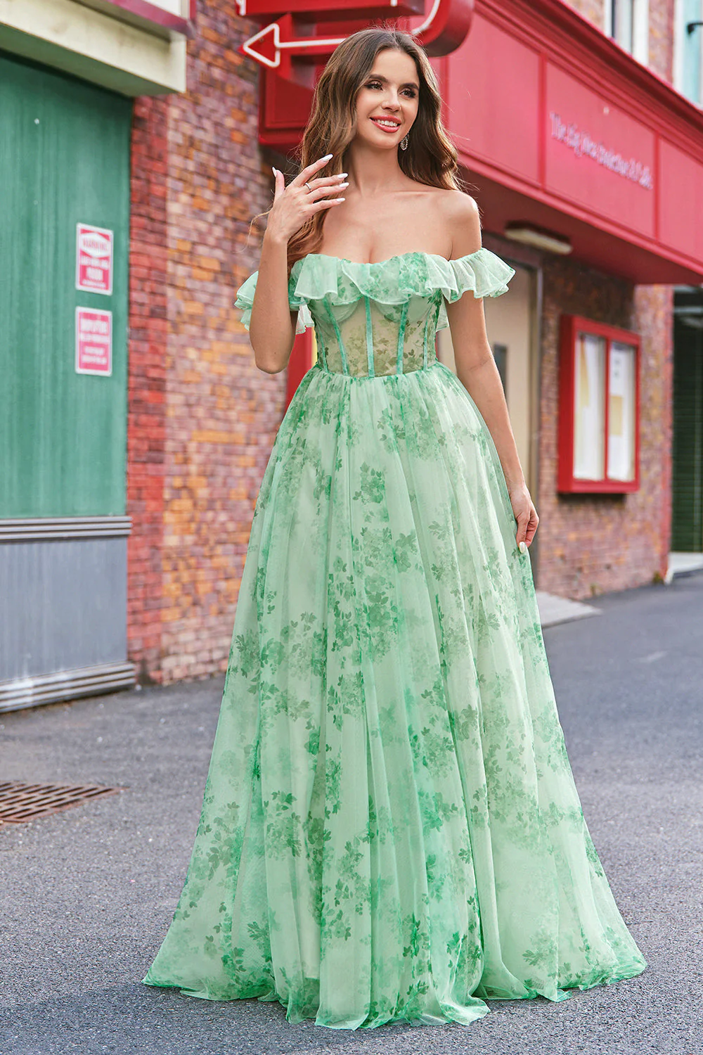 Floral A Line Off The Shoulder Corset Long Green Prom Dress - Image 6