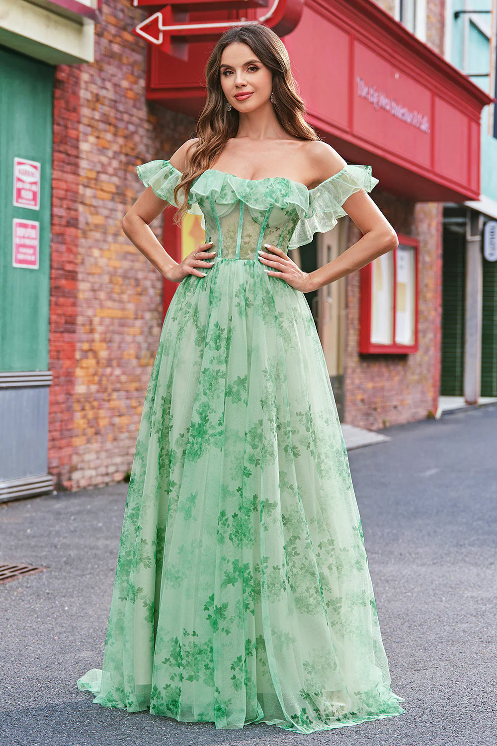 Floral A Line Off The Shoulder Corset Long Green Prom Dress - Image 7