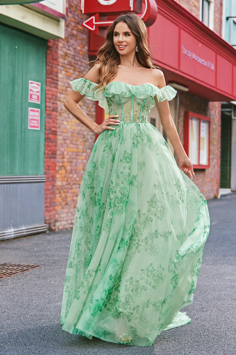 Floral A Line Off The Shoulder Corset Long Green Prom Dress - Image 8