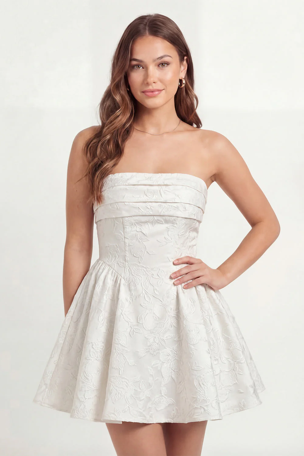 Strapless Jacquard A Line Ruched Little White Dress