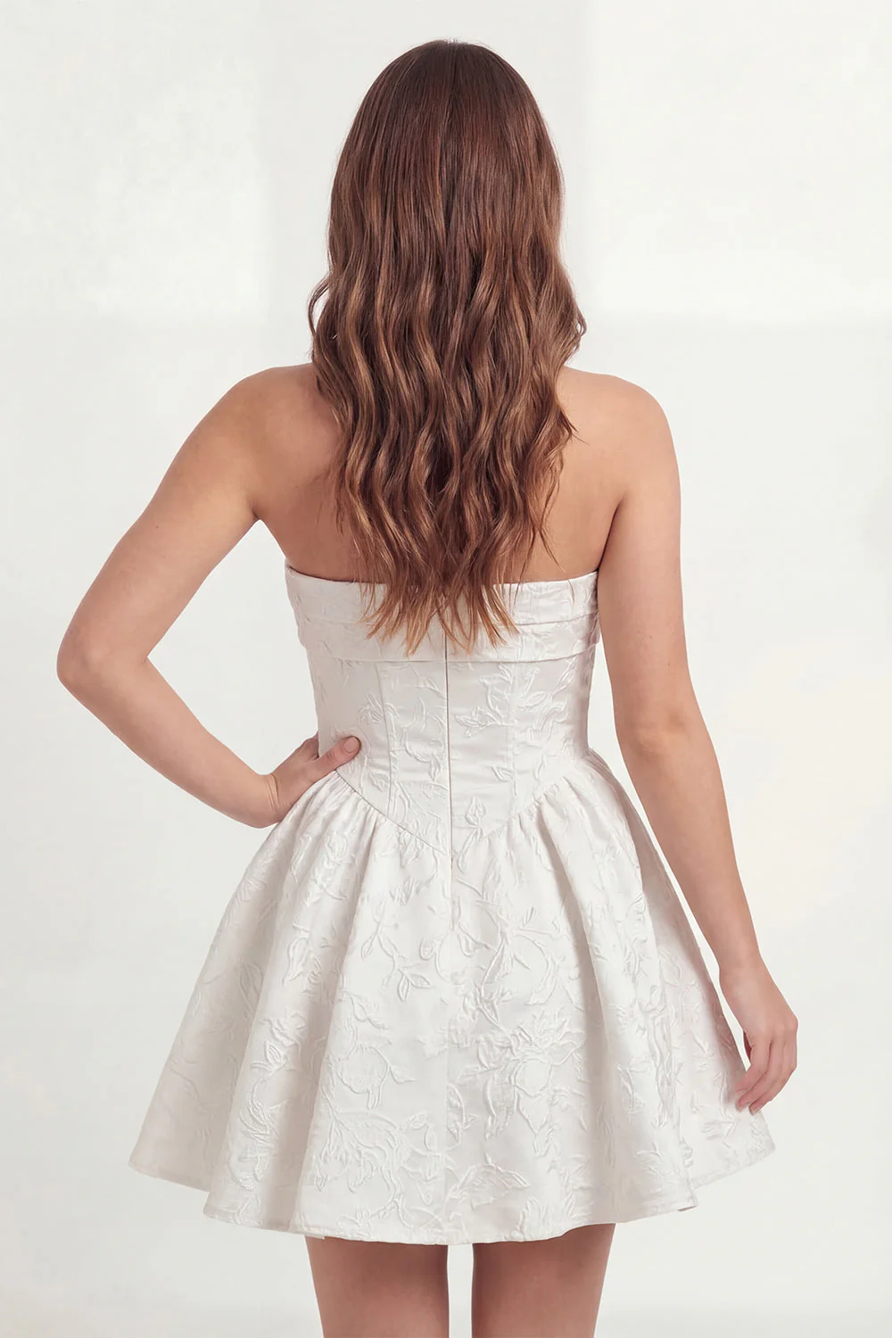 Strapless Jacquard A Line Ruched Little White Dress - Image 2