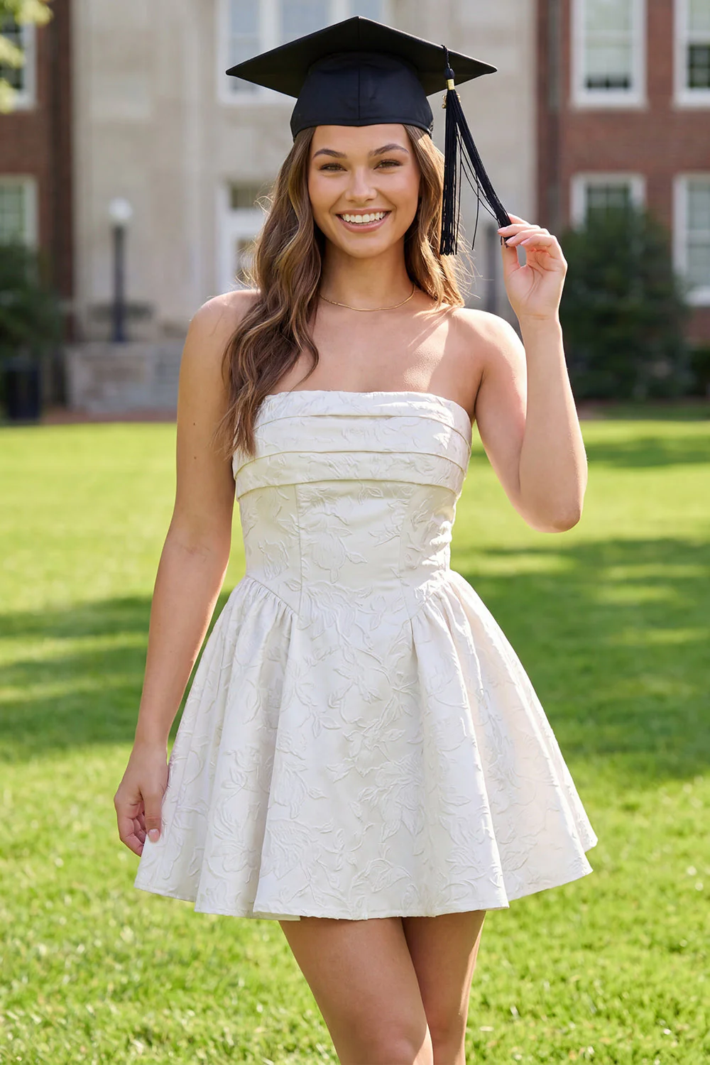 Strapless Jacquard A Line Ruched Little White Dress - Image 3