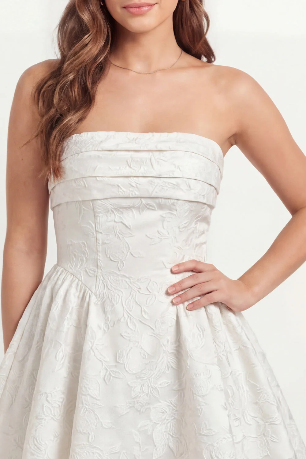 Strapless Jacquard A Line Ruched Little White Dress - Image 4