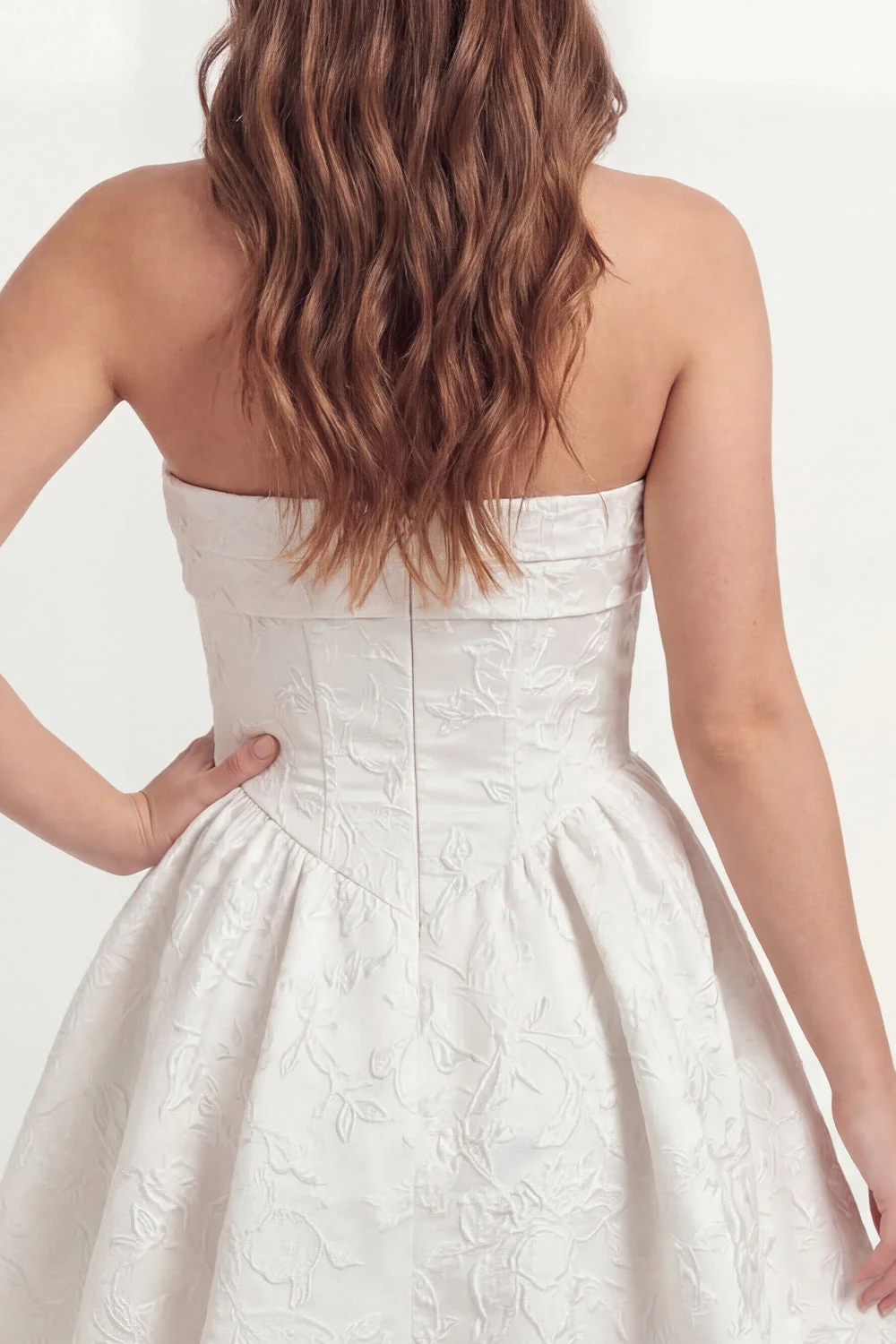 Strapless Jacquard A Line Ruched Little White Dress - Image 5