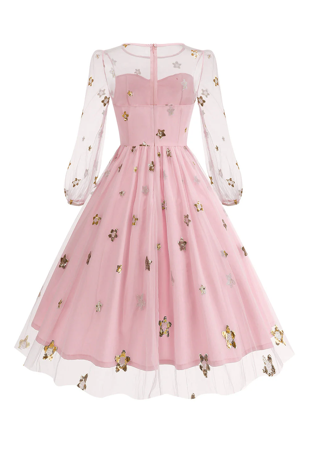 Floral Blue A Line 1950s Dress with Long Sleeves - Image 10