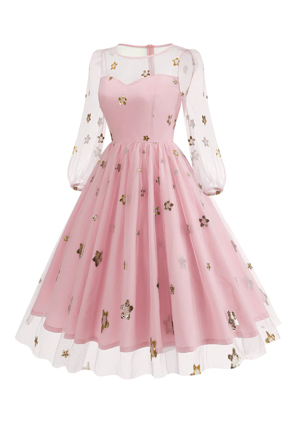 Floral Blue A Line 1950s Dress with Long Sleeves - Image 11