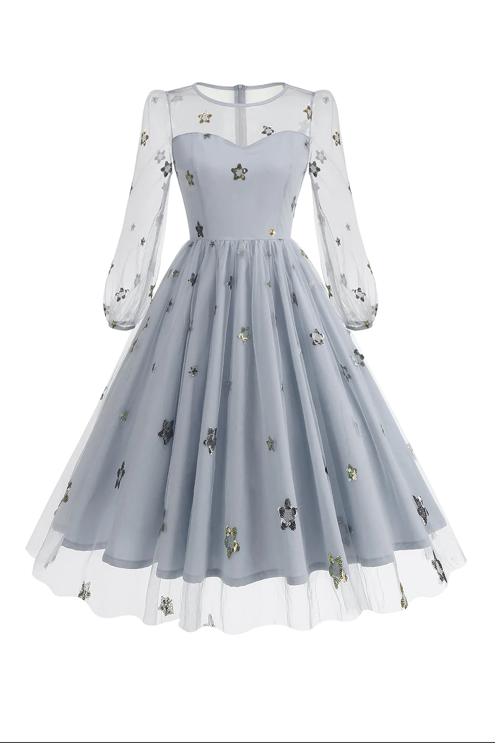 Floral Blue A Line 1950s Dress with Long Sleeves - Image 12