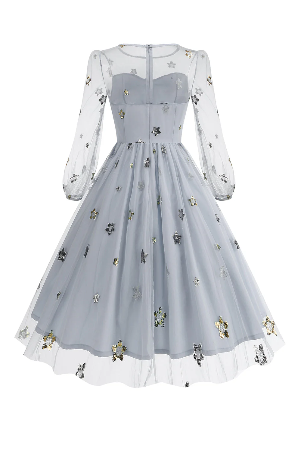Floral Blue A Line 1950s Dress with Long Sleeves - Image 13