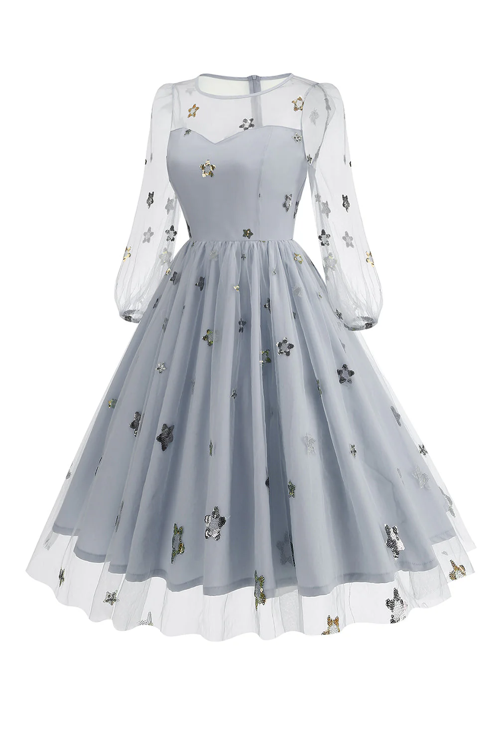 Floral Blue A Line 1950s Dress with Long Sleeves - Image 14