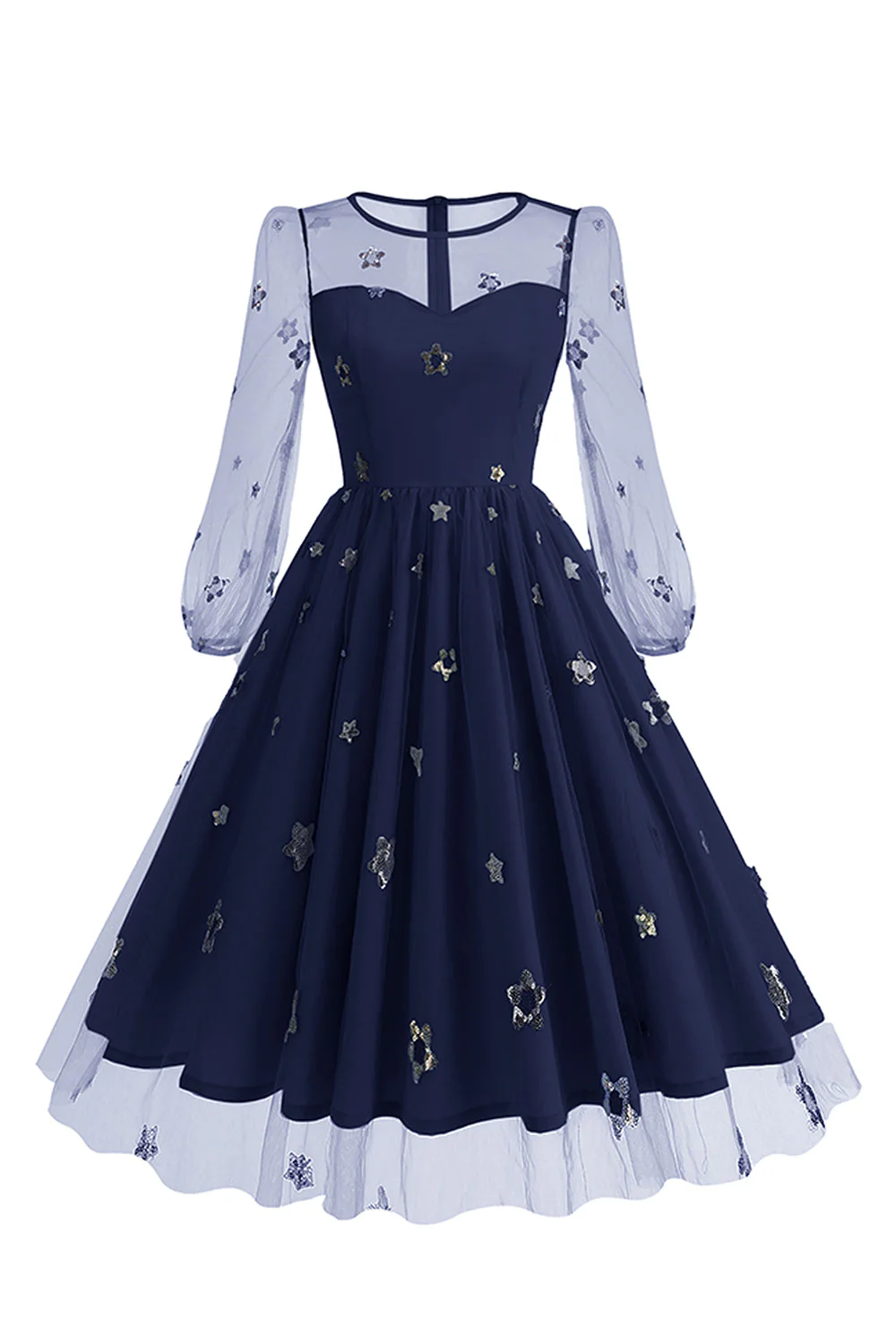 Floral Blue A Line 1950s Dress with Long Sleeves - Image 15
