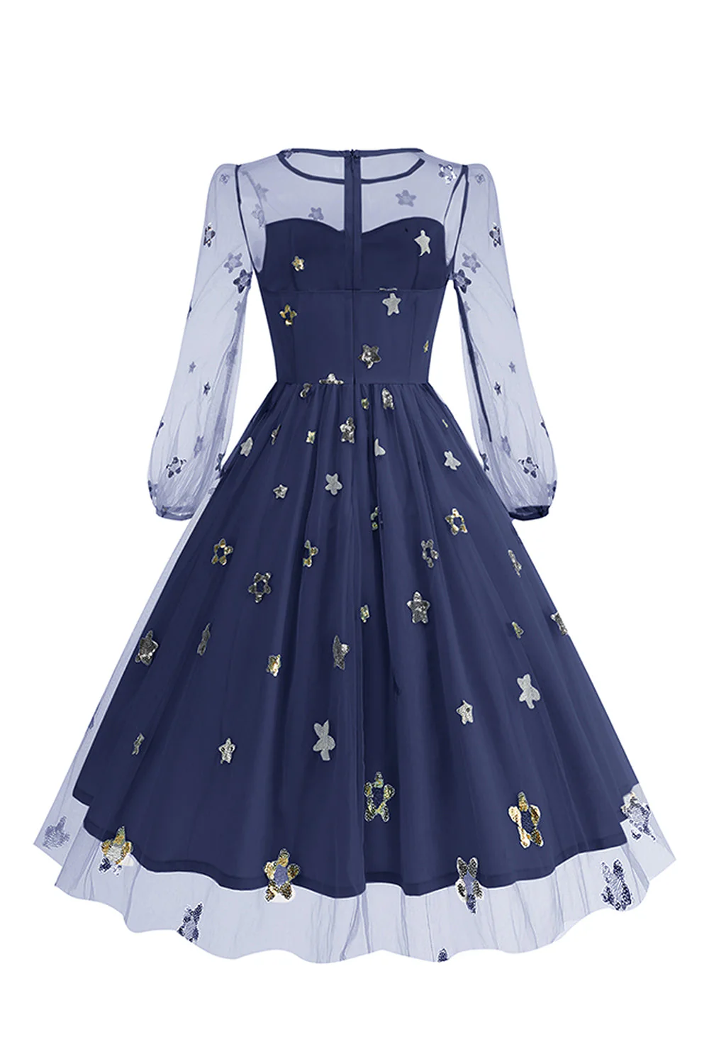 Floral Blue A Line 1950s Dress with Long Sleeves - Image 16