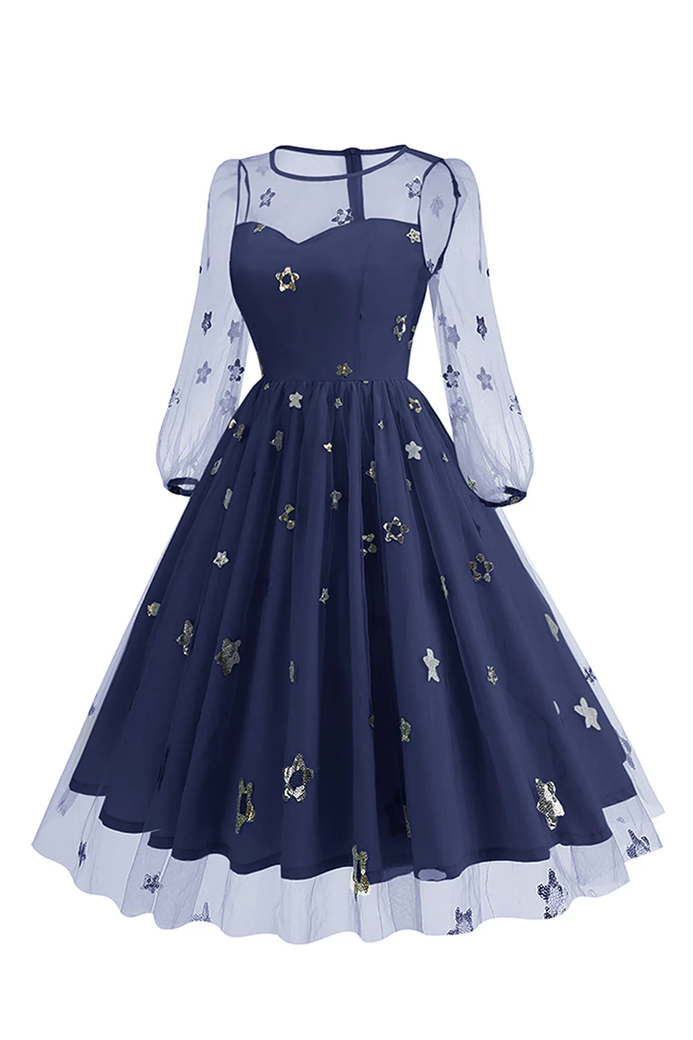 Floral Blue A Line 1950s Dress with Long Sleeves - Image 17