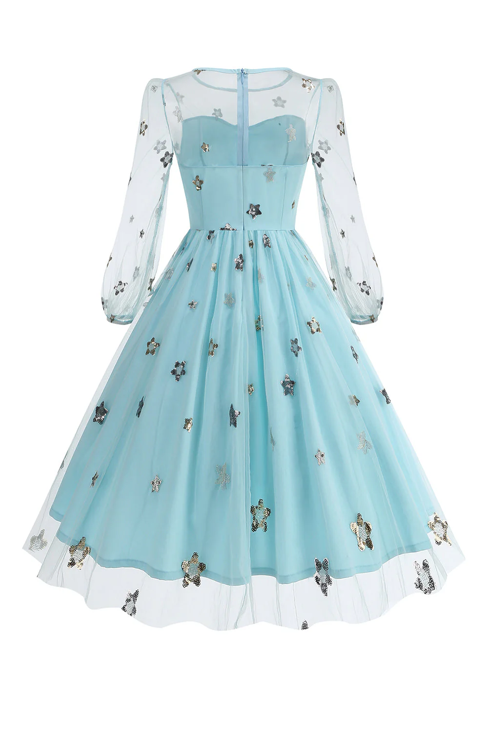 Floral Blue A Line 1950s Dress with Long Sleeves - Image 2