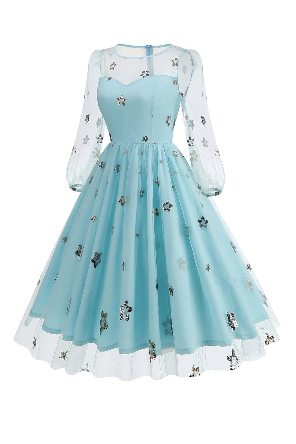 Floral Blue A Line 1950s Dress with Long Sleeves - Image 3