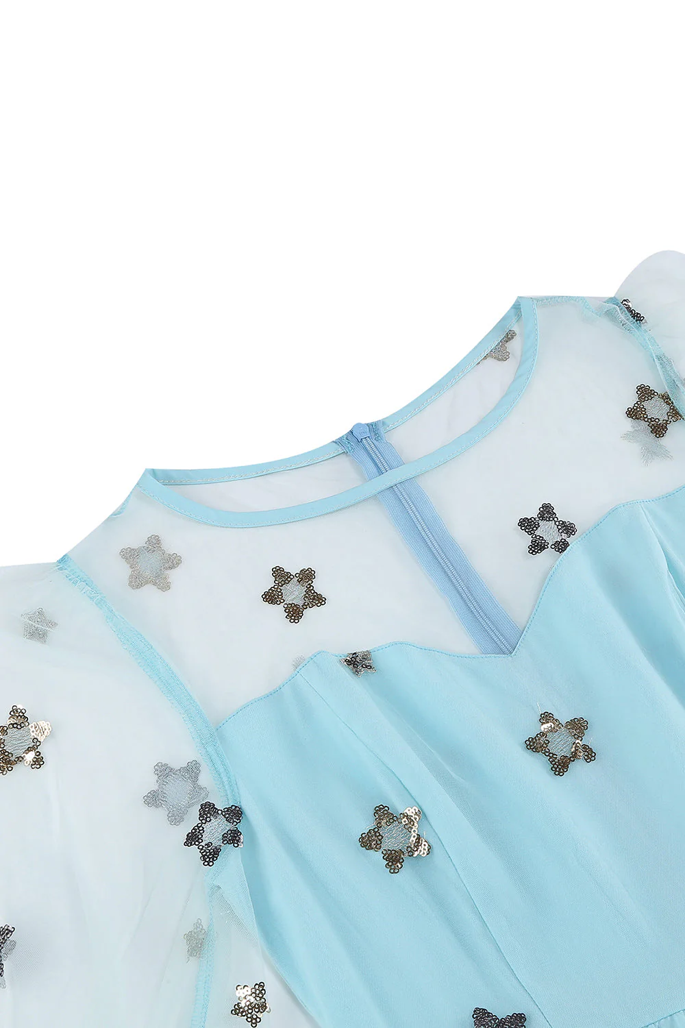 Floral Blue A Line 1950s Dress with Long Sleeves - Image 5
