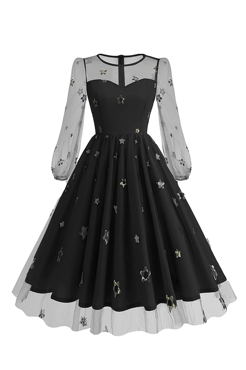 Floral Blue A Line 1950s Dress with Long Sleeves - Image 6
