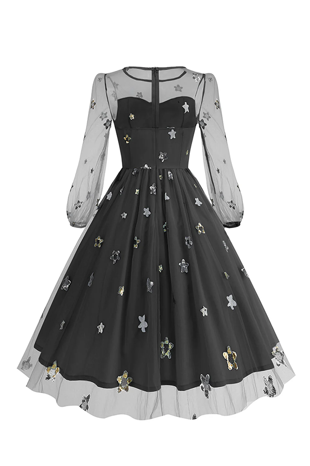 Floral Blue A Line 1950s Dress with Long Sleeves - Image 7