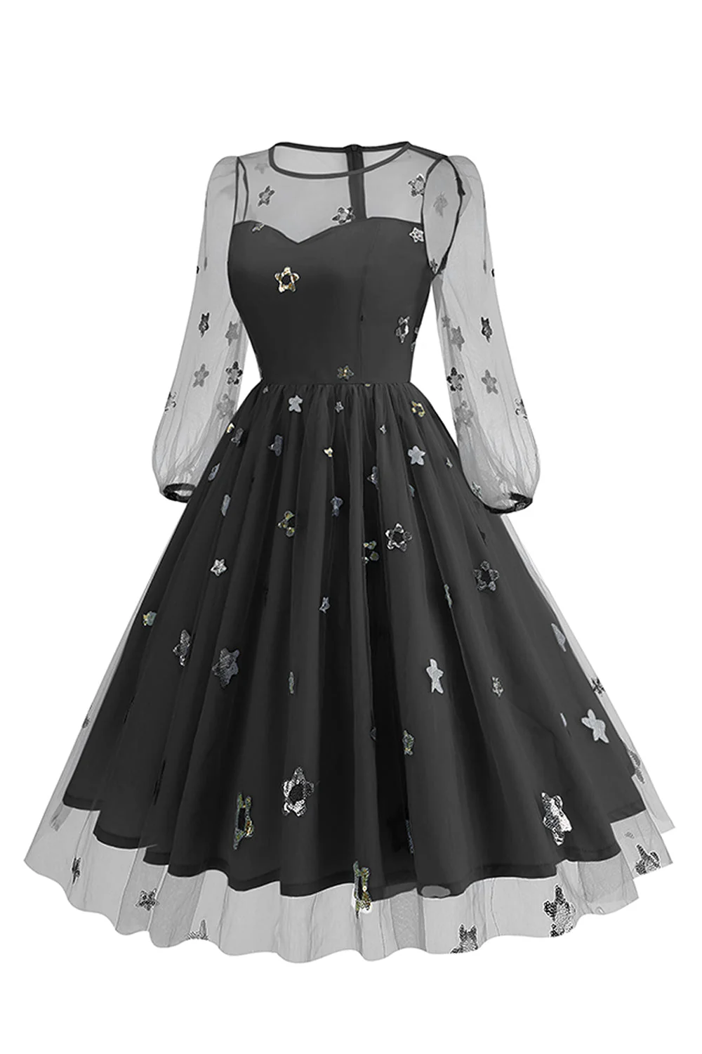 Floral Blue A Line 1950s Dress with Long Sleeves - Image 8