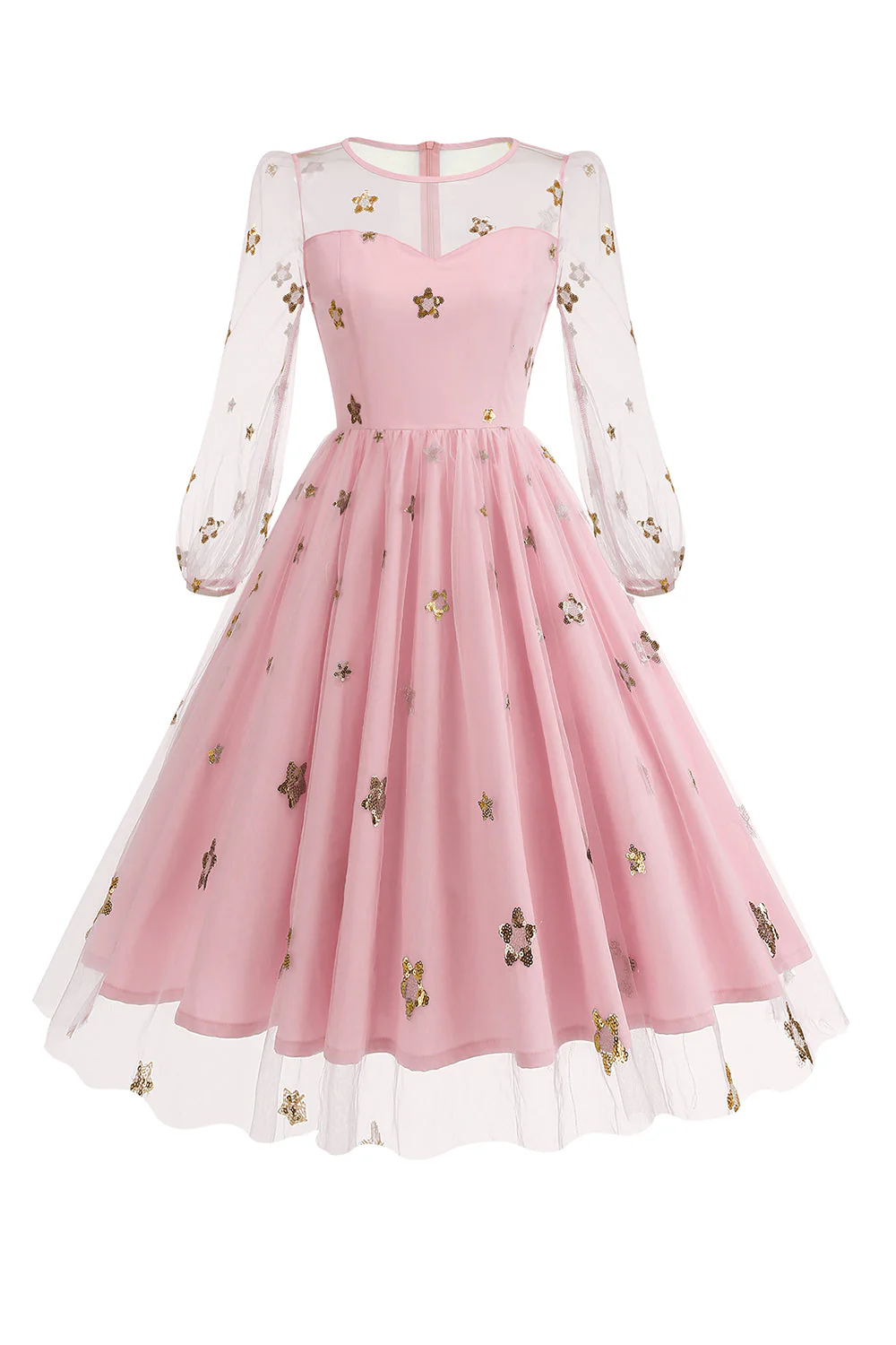 Floral Blue A Line 1950s Dress with Long Sleeves - Image 9