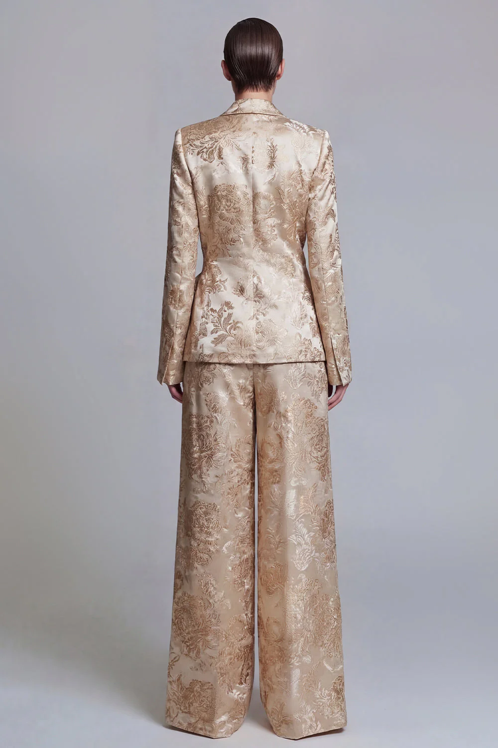 Floral Champagne 2 Piece Shawl Lapel Wide Leg Prom Suits with Bow - Image 2