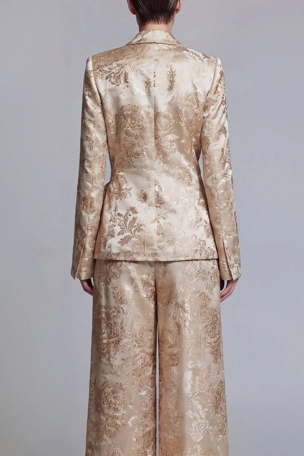 Floral Champagne 2 Piece Shawl Lapel Wide Leg Prom Suits with Bow - Image 3