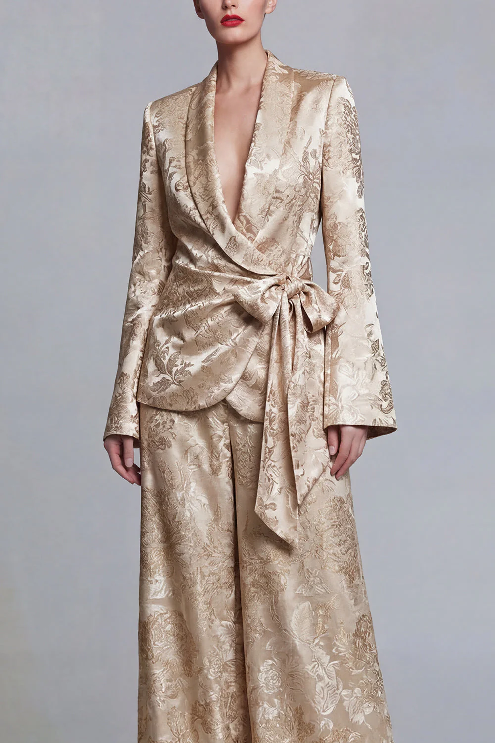 Floral Champagne 2 Piece Shawl Lapel Wide Leg Prom Suits with Bow - Image 4