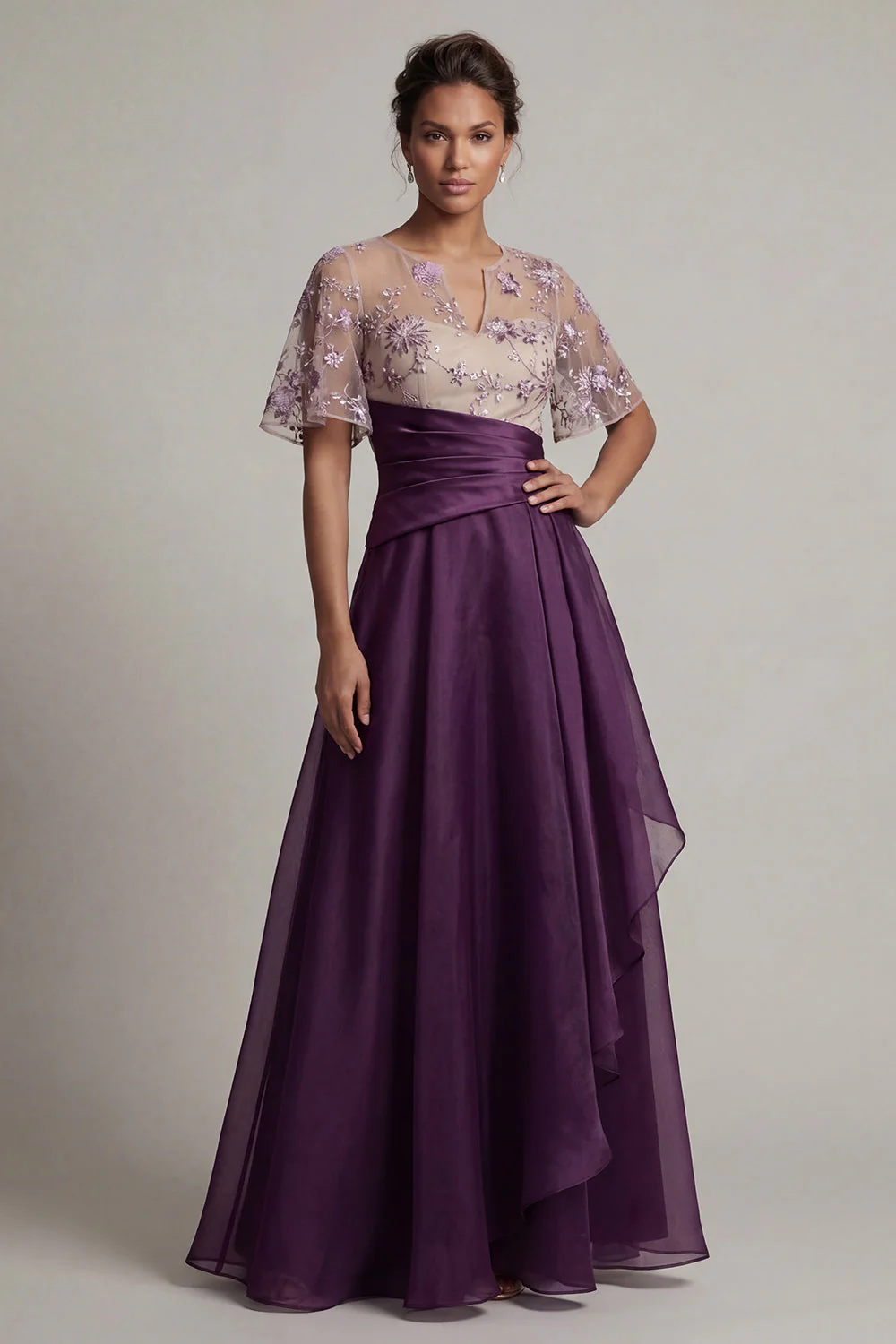 Dark Purple Ruffled A Line Chiffon Long Mother Of Bride Dress with Short Sleeves