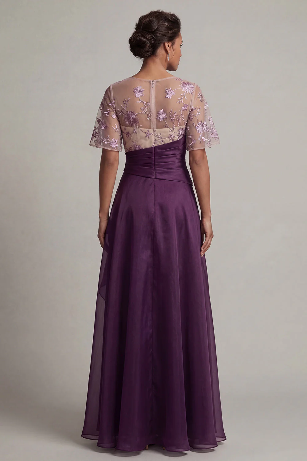 Dark Purple Ruffled A Line Chiffon Long Mother Of Bride Dress with Short Sleeves - Image 2