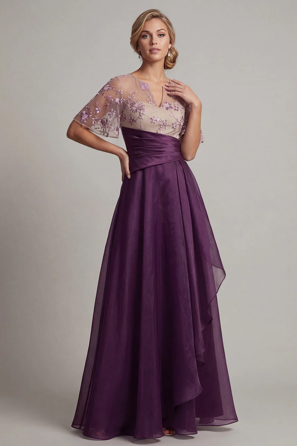 Dark Purple Ruffled A Line Chiffon Long Mother Of Bride Dress with Short Sleeves - Image 3