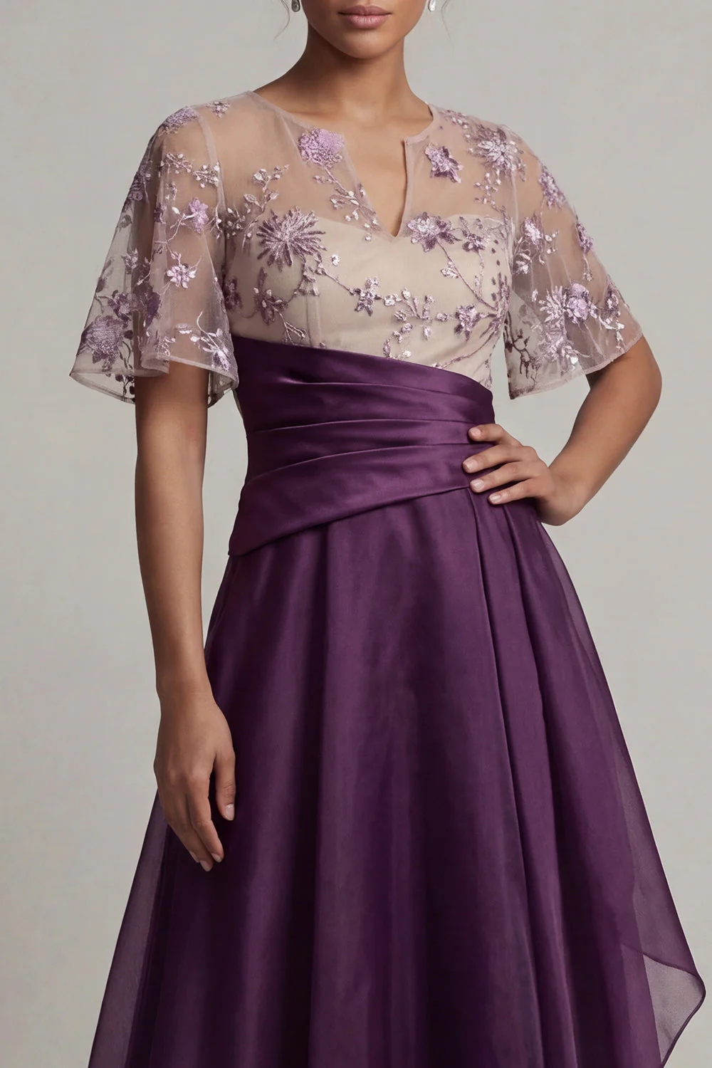 Dark Purple Ruffled A Line Chiffon Long Mother Of Bride Dress with Short Sleeves - Image 4