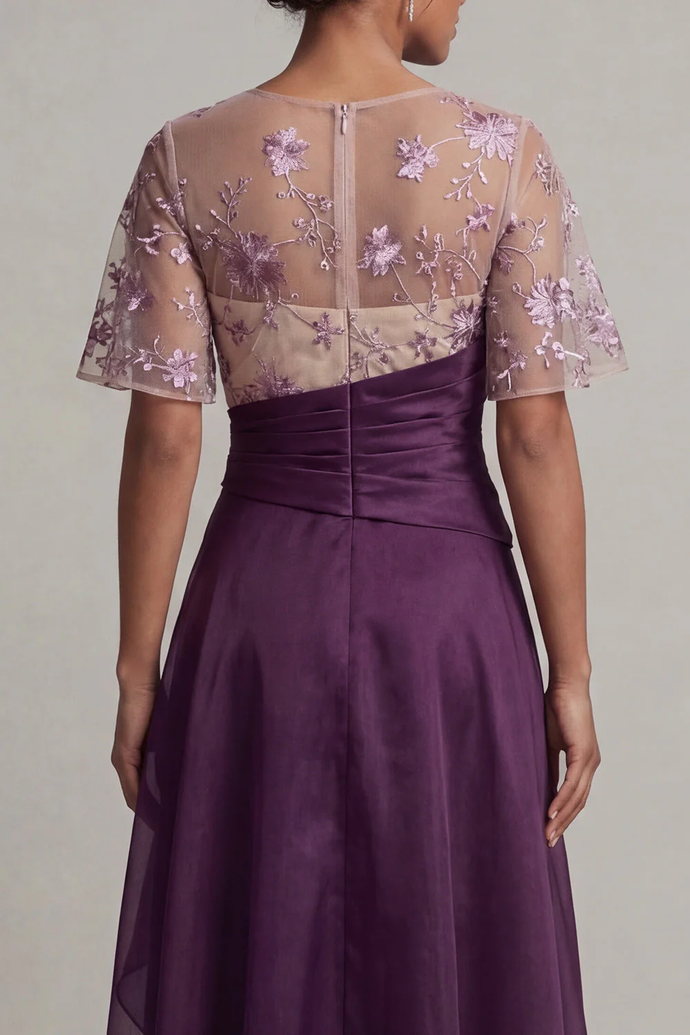 Dark Purple Ruffled A Line Chiffon Long Mother Of Bride Dress with Short Sleeves - Image 5