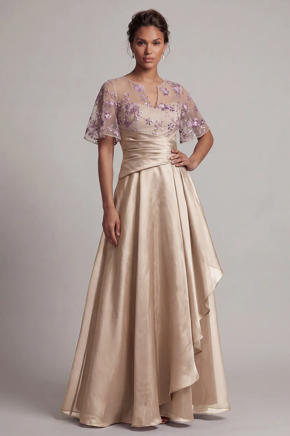 Dark Purple Ruffled A Line Chiffon Long Mother Of Bride Dress with Short Sleeves - Image 6