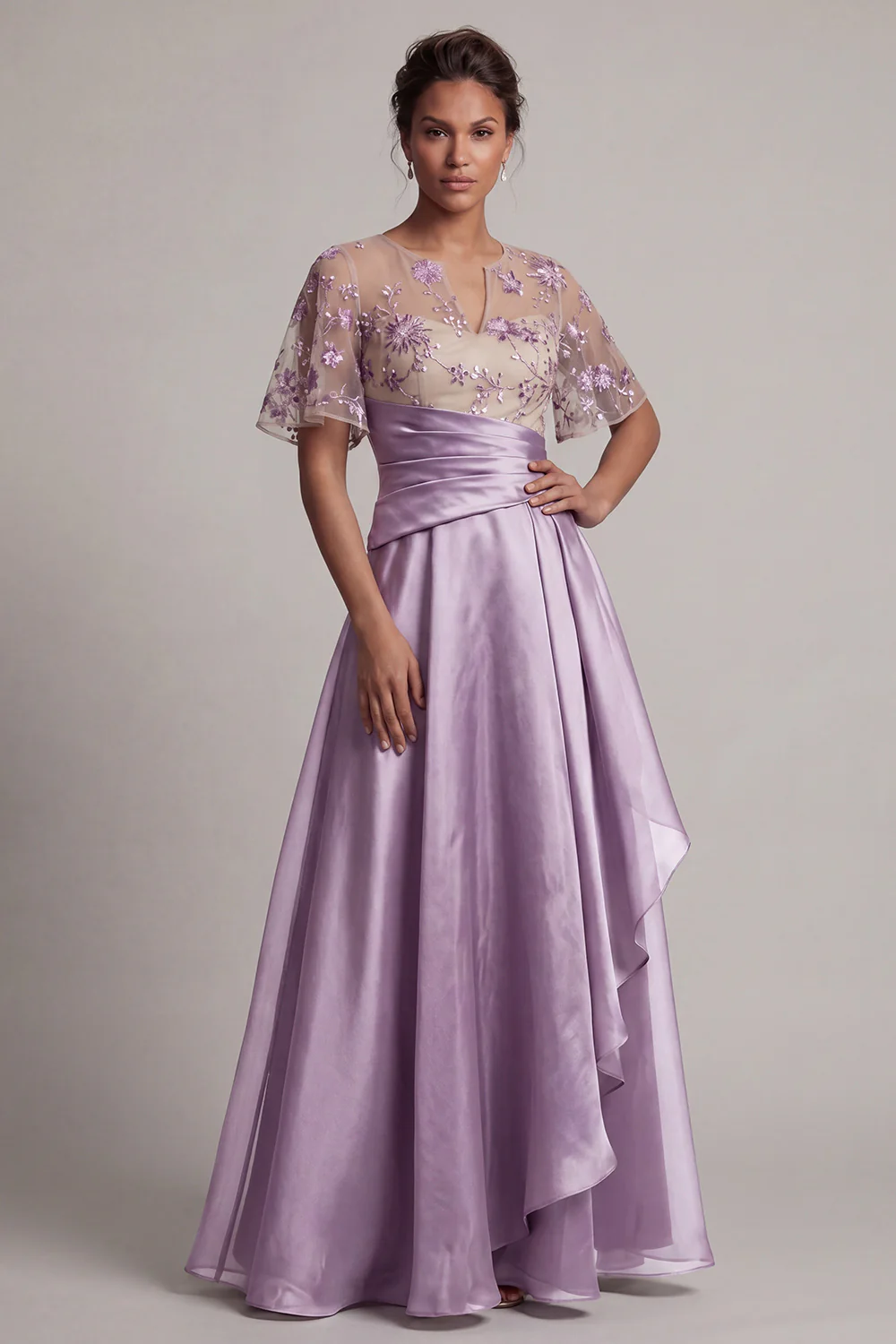Dark Purple Ruffled A Line Chiffon Long Mother Of Bride Dress with Short Sleeves - Image 7