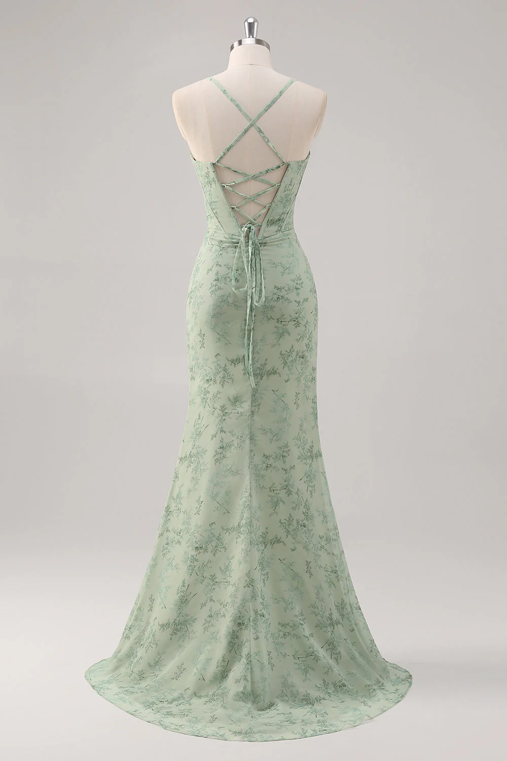 Floral Green Corset Mermaid Lace-Up Back Bridesmaid Dress with Slit - Image 2