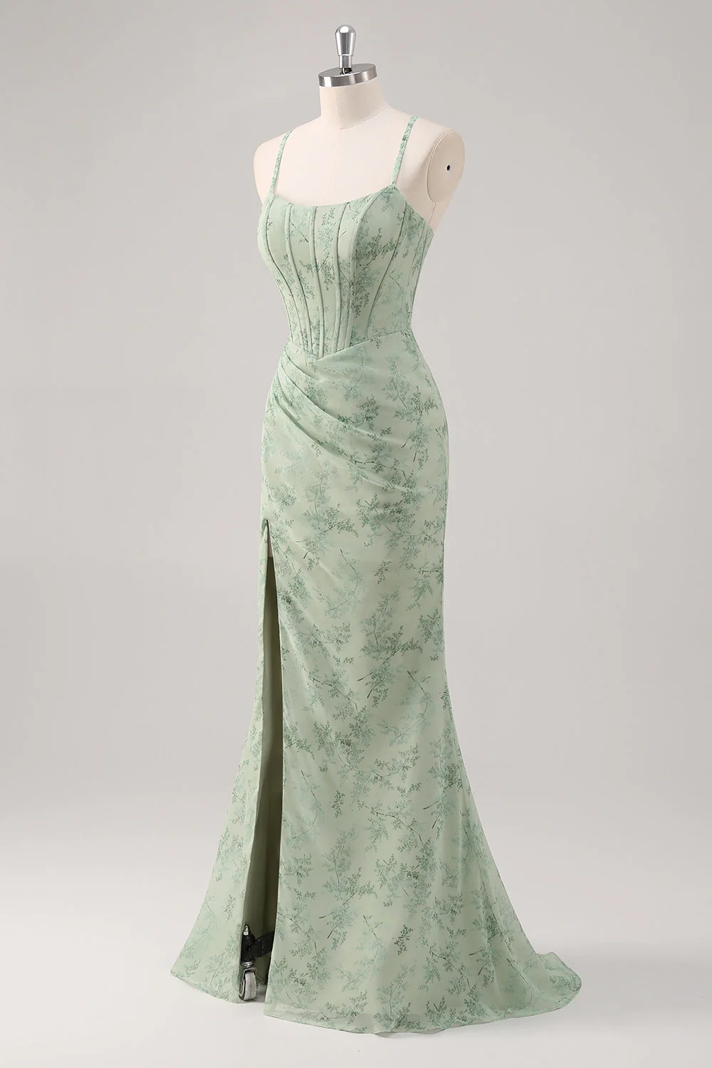 Floral Green Corset Mermaid Lace-Up Back Bridesmaid Dress with Slit - Image 3