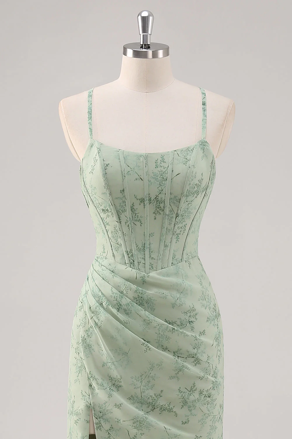 Floral Green Corset Mermaid Lace-Up Back Bridesmaid Dress with Slit - Image 4
