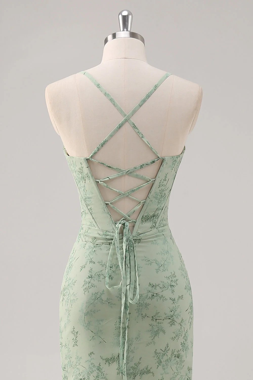 Floral Green Corset Mermaid Lace-Up Back Bridesmaid Dress with Slit - Image 5