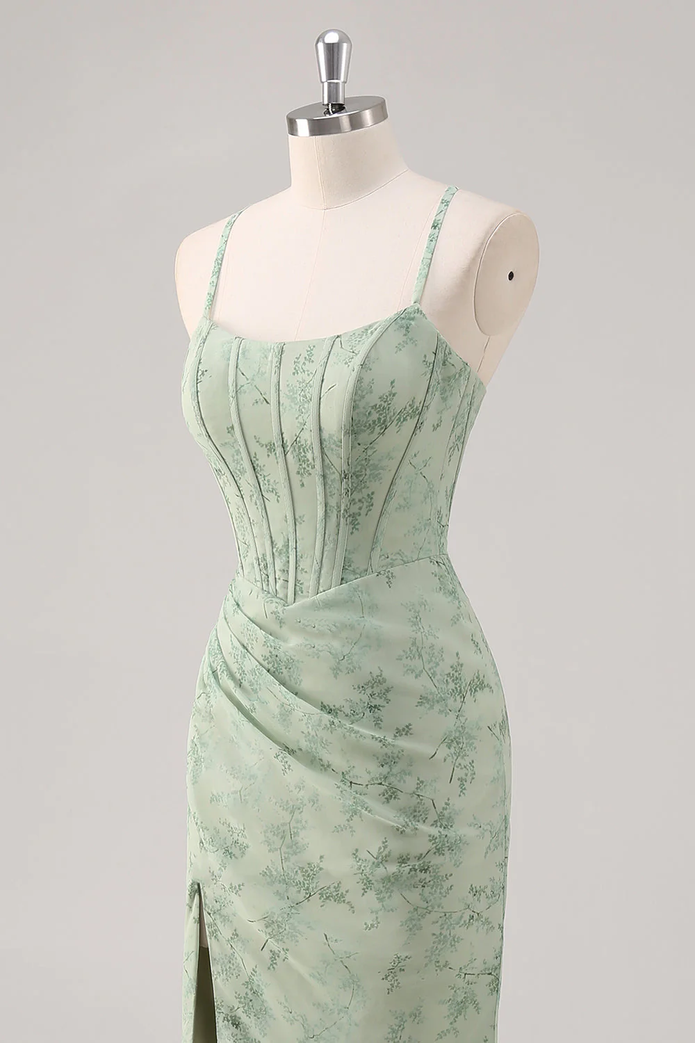 Floral Green Corset Mermaid Lace-Up Back Bridesmaid Dress with Slit - Image 6