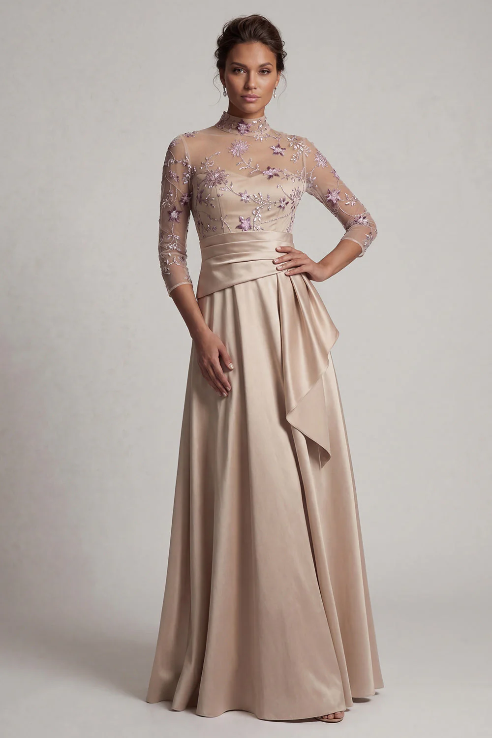 Champagne A Line 3/4 Sleeves Long Mother of the Bride Dress