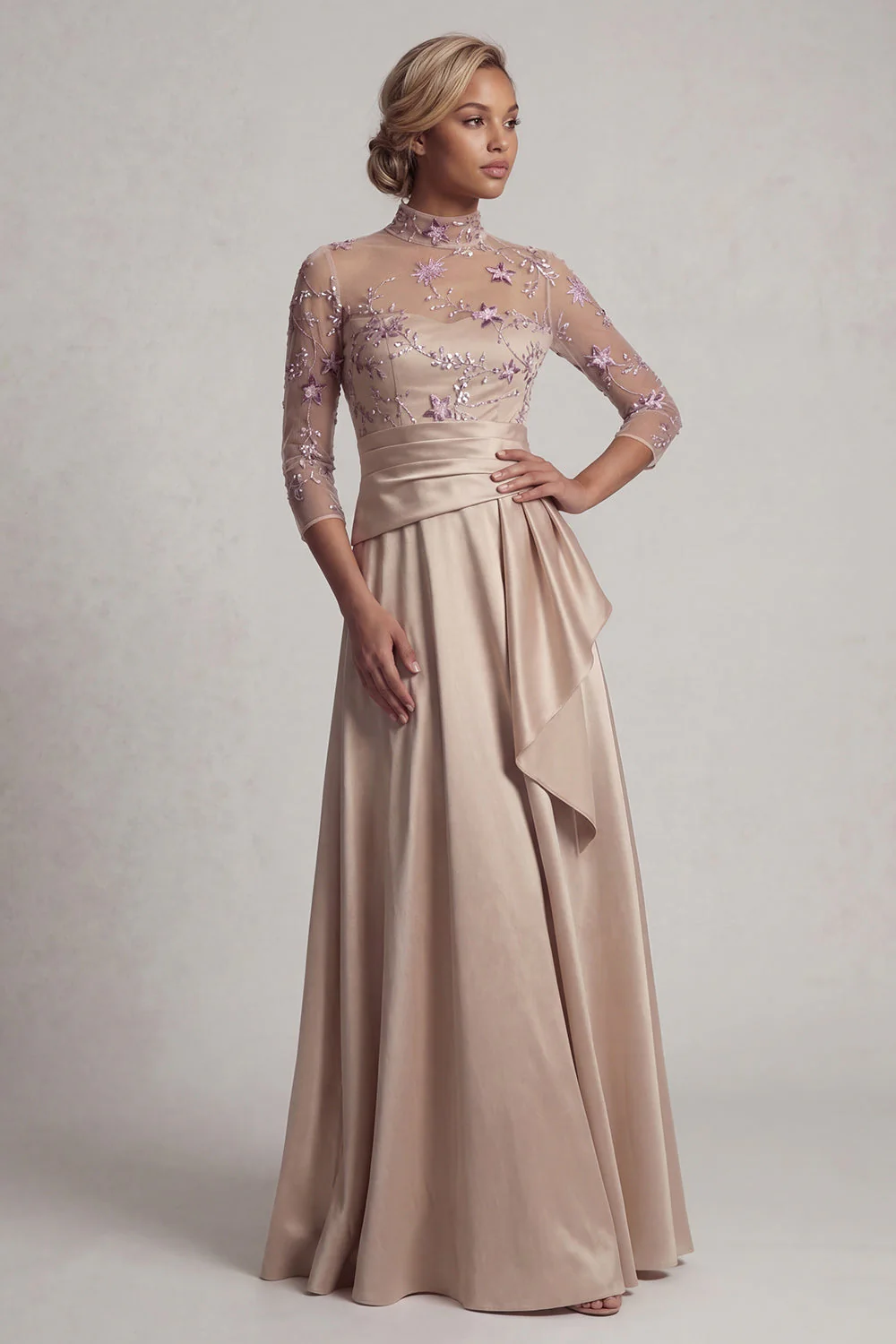 Champagne A Line 3/4 Sleeves Long Mother of the Bride Dress - Image 3